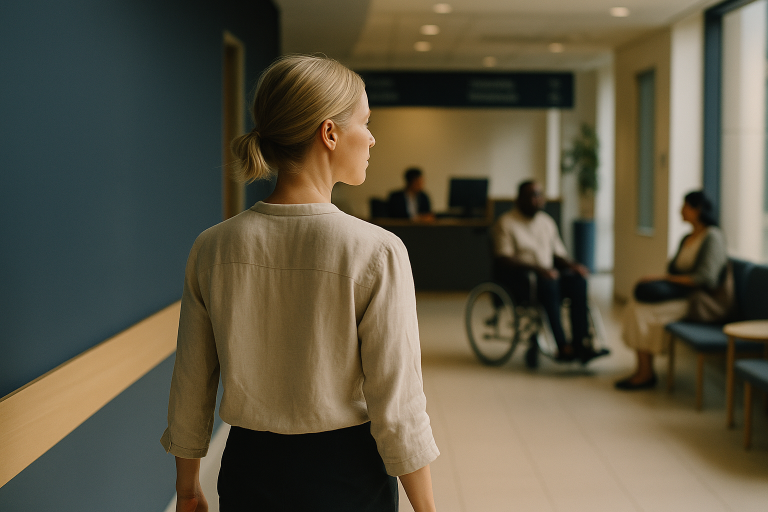 MTA medical tourism representation with a diverse group of international patients in a hospital reception.