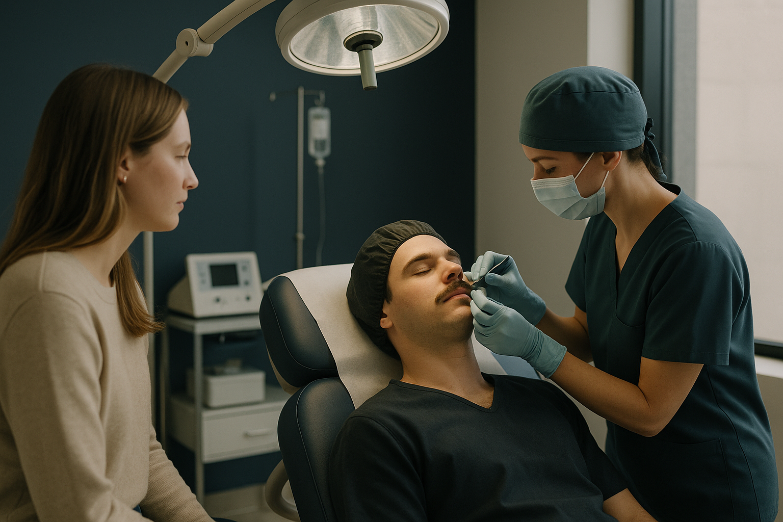 Patient receiving a mustache transplant in a modern clinic setting.