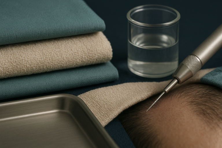 No Shave FUE hair transplant procedure in progress at a clinic.