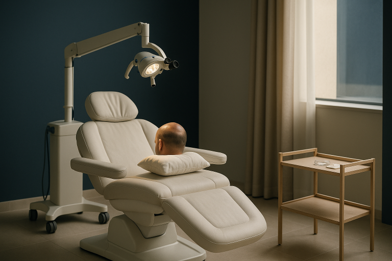 A no-shave FUE hair transplant procedure in a modern clinic, highlighting advanced equipment and precision techniques.