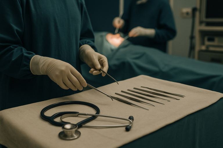 Skilled nose surgeons in Turkey performing a surgery in a modern operating theatre.