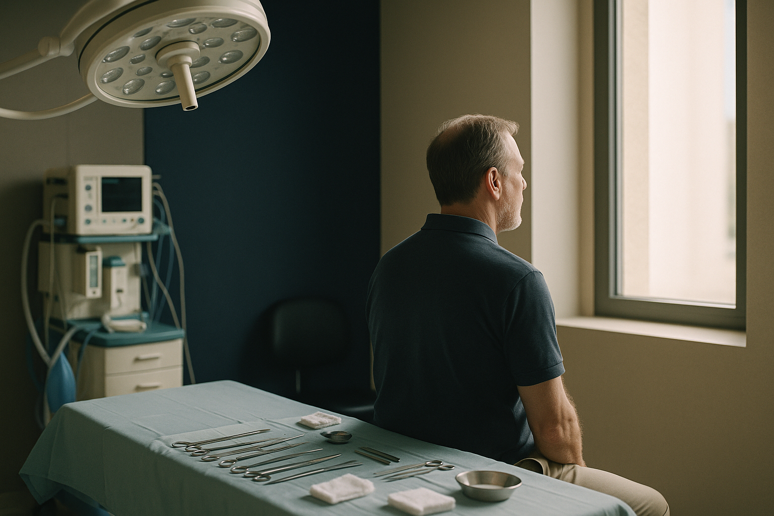 Operating theatre set up for nose surgery, highlighting surgical tools and a well-lit environment.
