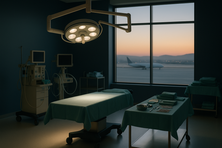 Plastic surgery abroad in a Turkish operating theatre with medical team and equipment.