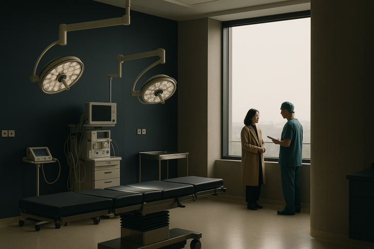Plastic surgery operating room in Turkey showcasing equipment and surgeons.