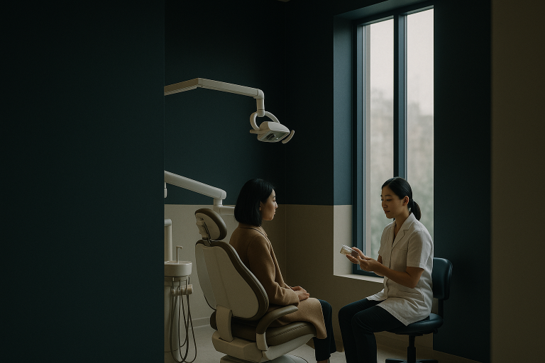 Dentist discussing porcelain veneer cost with a patient in a modern dental clinic.