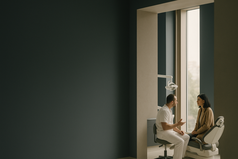 Porcelain veneers in Turkey consultation in a modern dental clinic.
