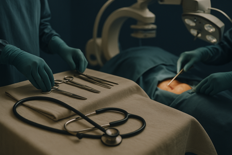 Surgeons performing gastric bypass surgery in a modern operating theatre.