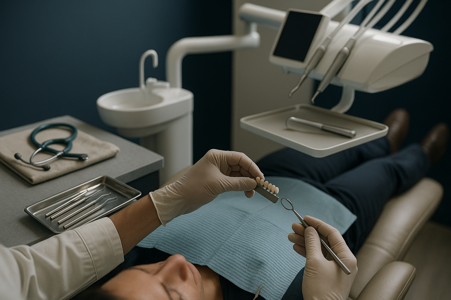 Dentist examining patient's teeth for veneer fitting in a modern dental clinic.