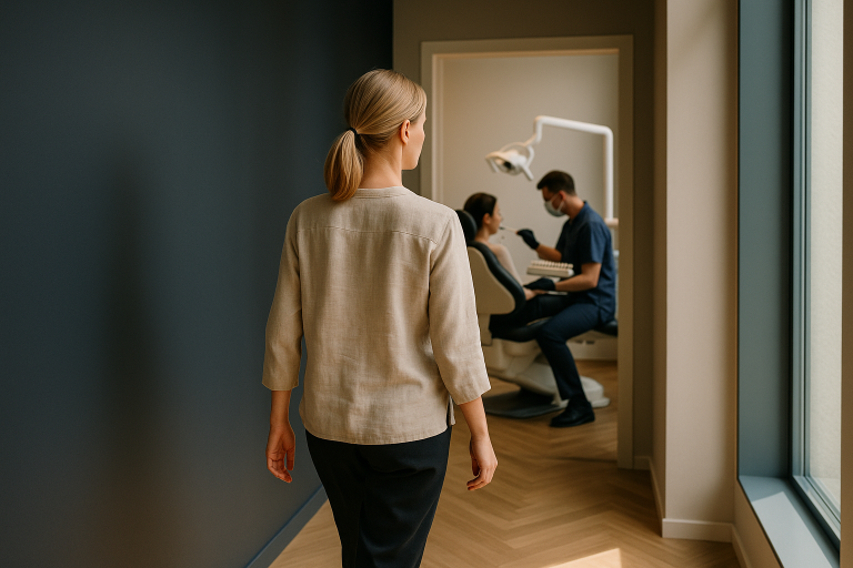 Dentist examining patient for dental veneers in a modern clinic, illustrating prices for dental veneers.