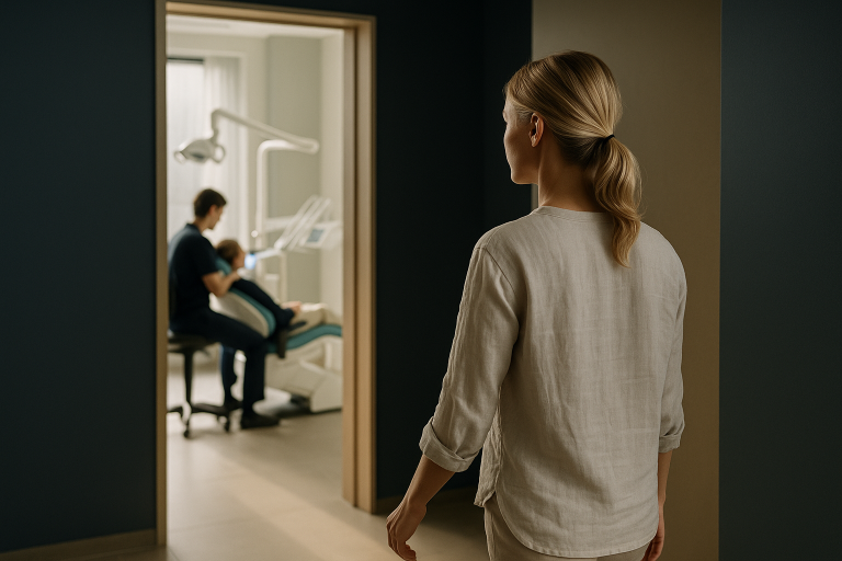 A dentist performing professional teeth whitening on a patient in a modern dental clinic.