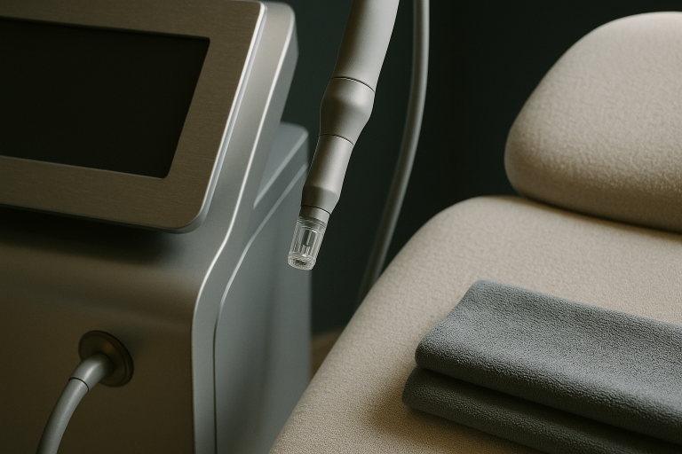 Advanced RF microneedling equipment in a modern dermatology clinic for treating turkey neck.