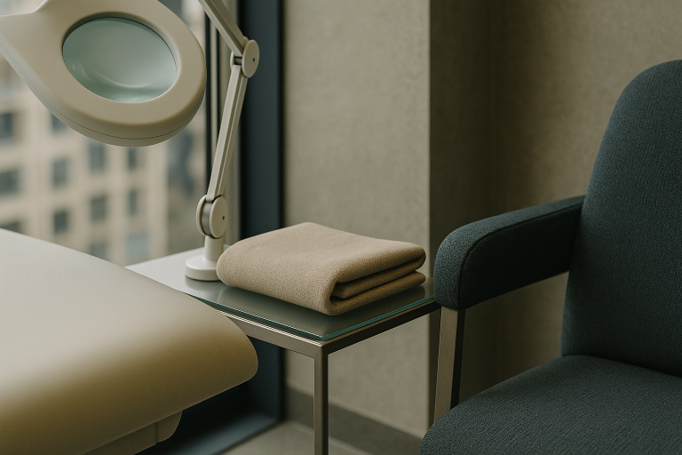 A modern consultation room in a rhinoplasty clinic in Turkey, showcasing medical equipment and a view of Istanbul's skyline.
