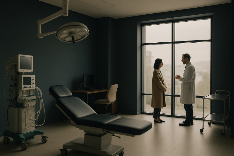 A rhinoplasty clinic in Istanbul with a surgeon consulting a patient about rhinoplasty costs in Turkey.