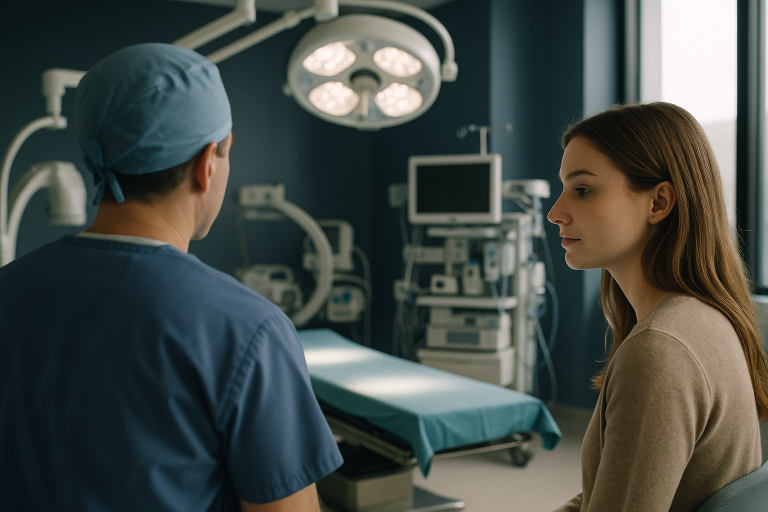 Rhinoplasty procedure in Houston operating theatre with medical team and equipment.