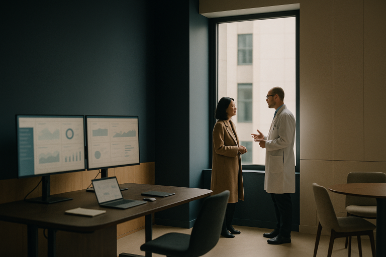 Healthcare professionals discussing SEO for medical practices in a modern executive workspace.