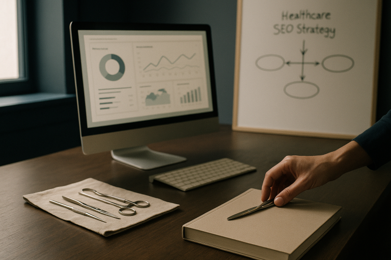 SEO medical marketing workspace with strategy and branding materials.