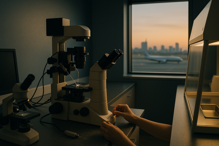 Embryologist performing sperm injection IVF in a lab setting with advanced equipment.