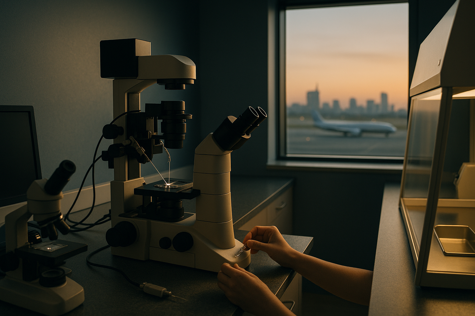Embryologist performing sperm injection IVF in a lab setting with advanced equipment.