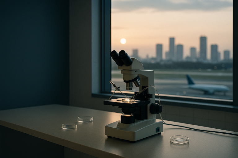Embryologist performing sperm injection in IVF using a microscope in a sterile lab setting.