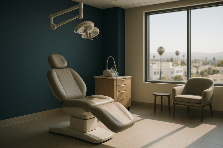 Consultation room in California for plastic surgery, with medical equipment and urban view.