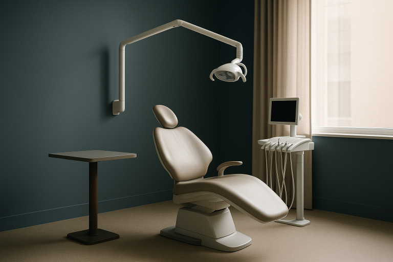 Dentist in modern clinic showing teeth veneers to an international patient.