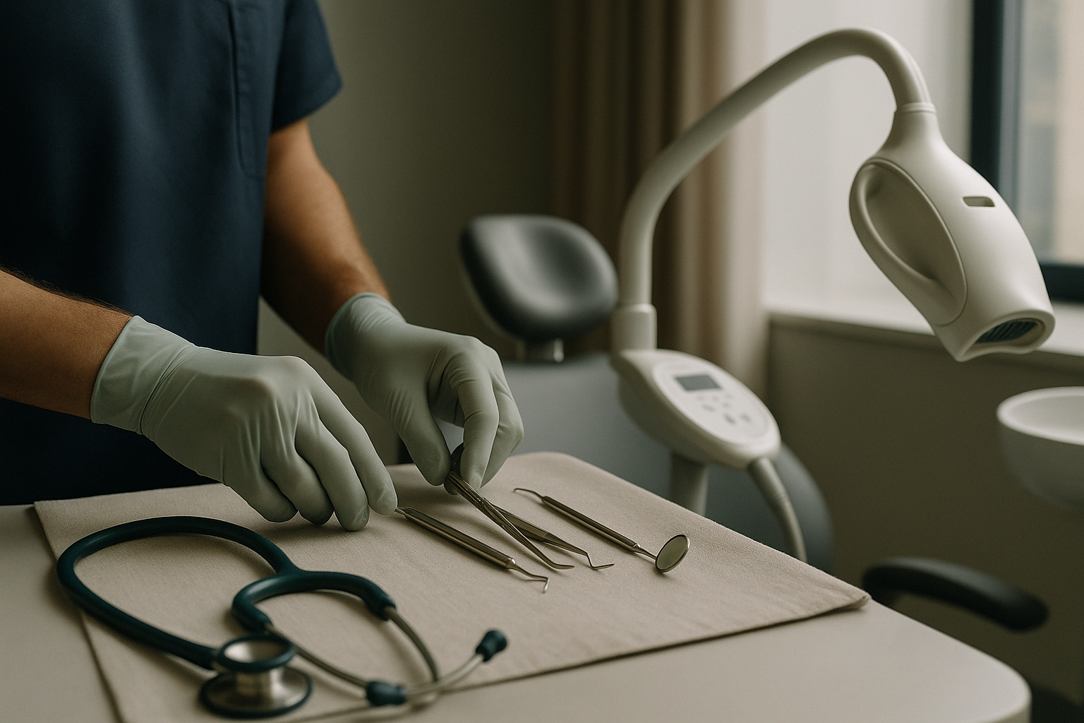 Dentist in a modern clinic explaining teeth whitening before and after results to a patient.