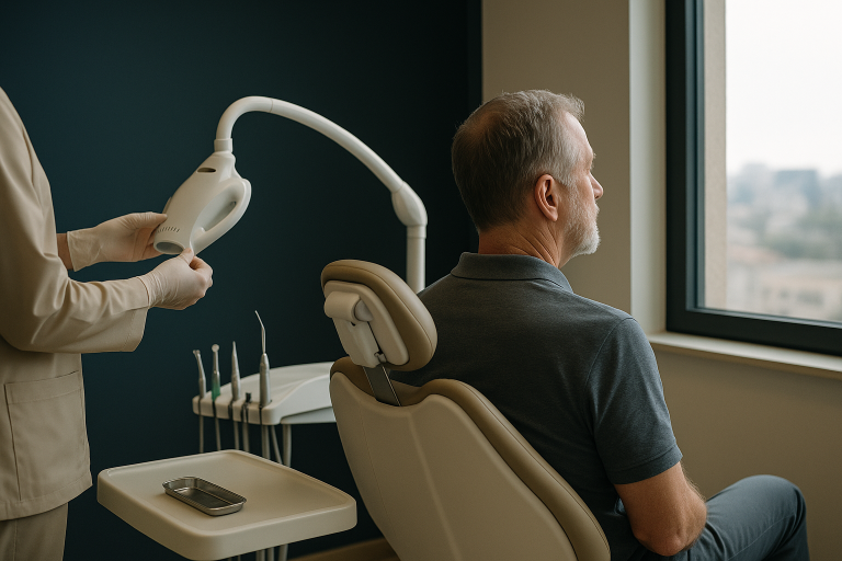 Teeth whitening in Turkey at a modern dental clinic with a dentist preparing for the procedure.
