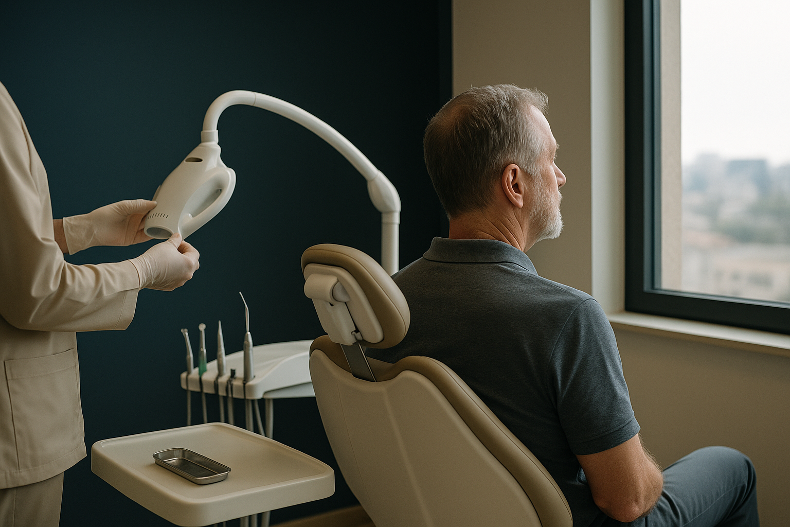 Teeth whitening in Turkey at a modern dental clinic with a dentist preparing for the procedure.