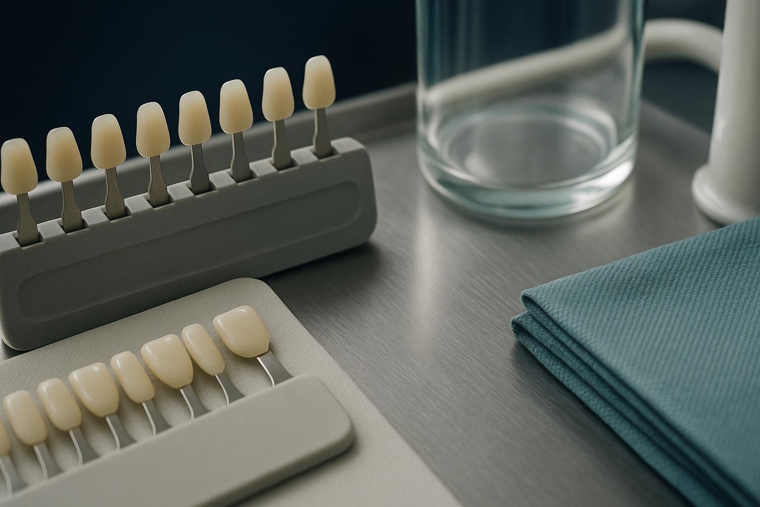 Dentist preparing tooth bleaching equipment in a modern dental clinic, illustrating tooth bleaching before and after effects.