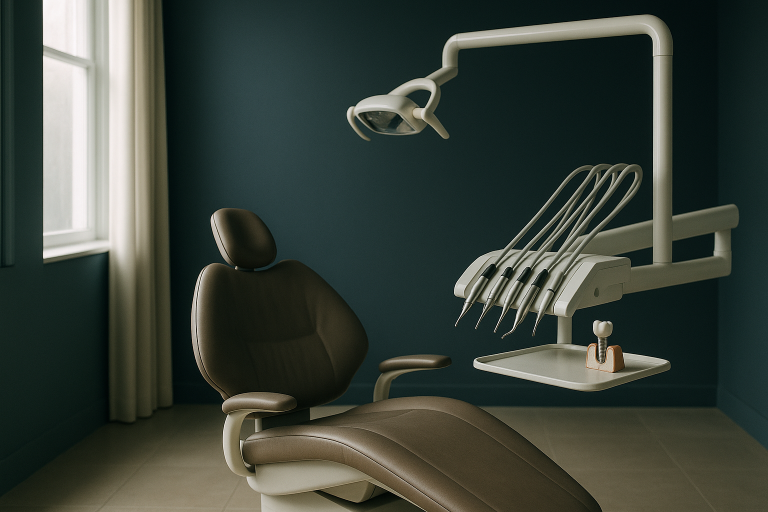 A dental chair in a clinic with tools for a tooth implant procedure, illustrating the process of a single tooth implant.