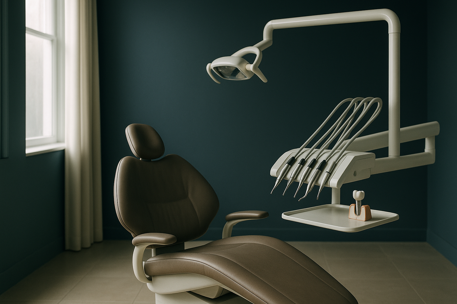 A dental chair in a clinic with tools for a tooth implant procedure, illustrating the process of a single tooth implant.