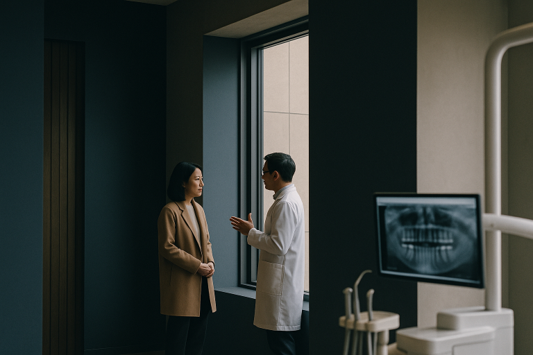 Dentist reviewing tooth implant x-rays in a modern dental clinic.