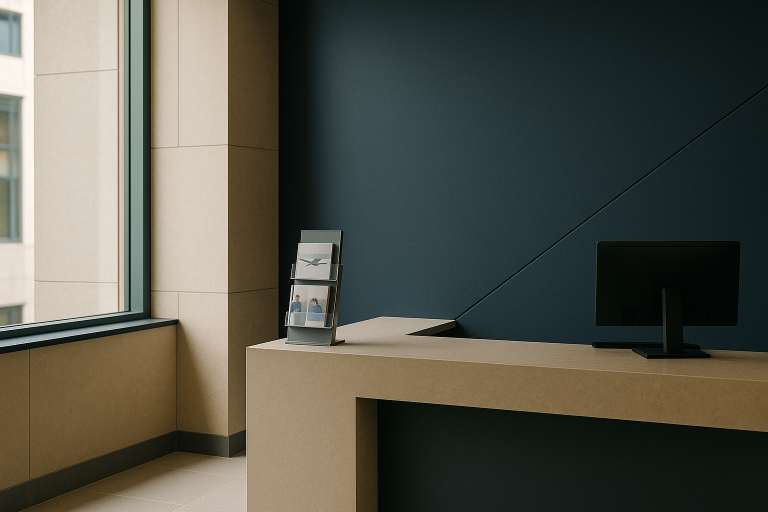 International patients discussing travel health insurance at a hospital reception area.