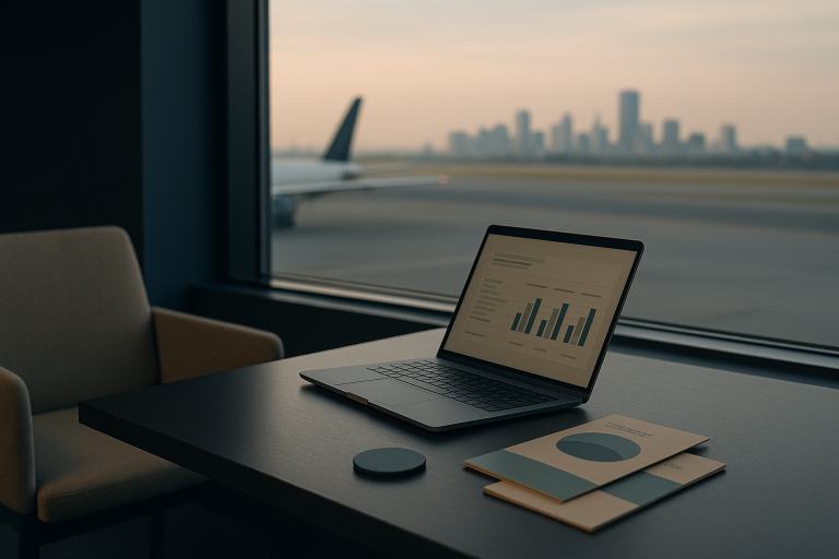 Travel insurance comparison guide on a modern executive workspace with focus on international medical travel.