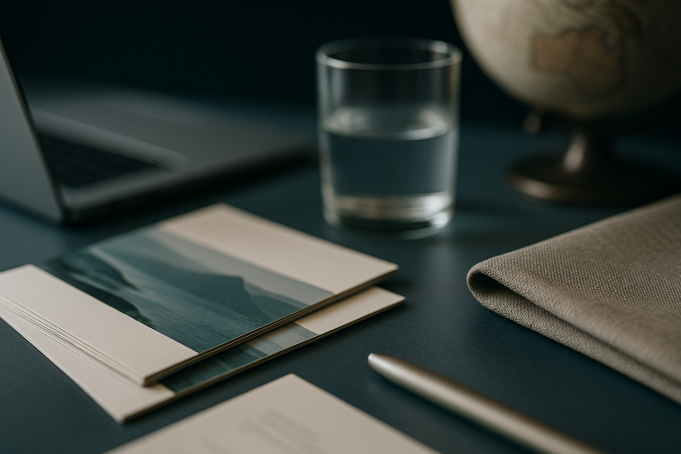 Workspace with travel insurance materials and a laptop for comparing travel insurances.