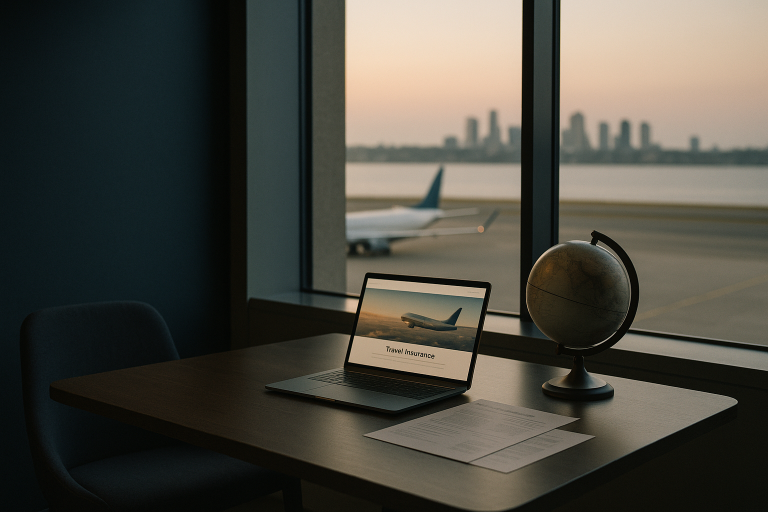 Travel medical insurance planning in a modern executive workspace with a laptop and globe.