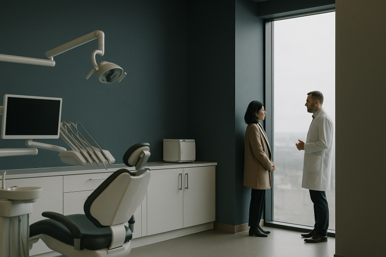 Turkey dentist consulting with a patient in a modern dental clinic.