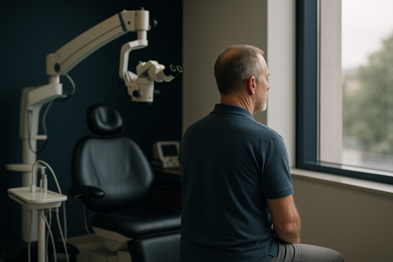A modern clinic setting in Turkey for hair transplants, featuring a doctor and patient discussing options.