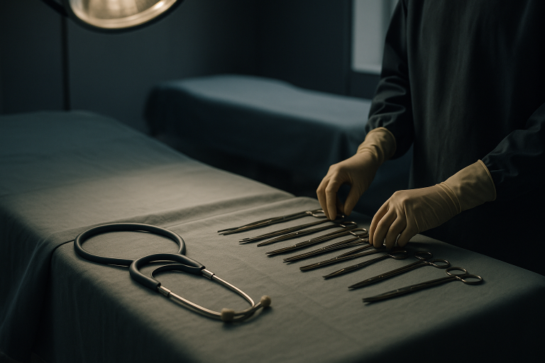 Surgical setup for a turkey neck lift procedure in a modern operating theatre.