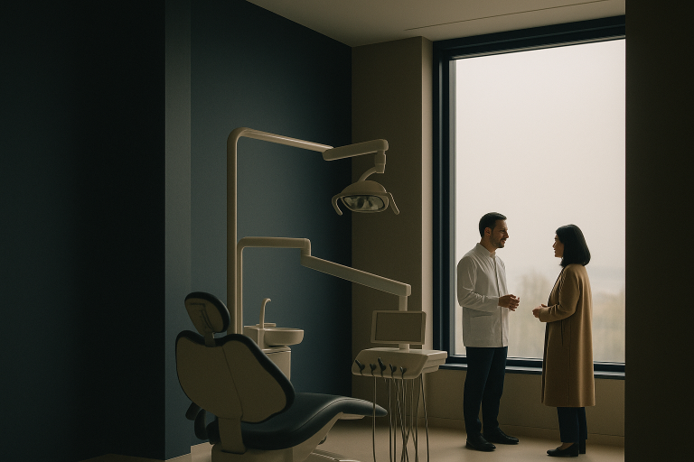 A Turkish dental clinic showcasing turkey teeth implants with a dentist and patient.