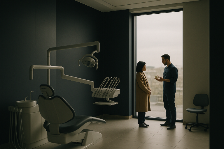 Turkish dental clinic with a dentist discussing crown options with a patient.