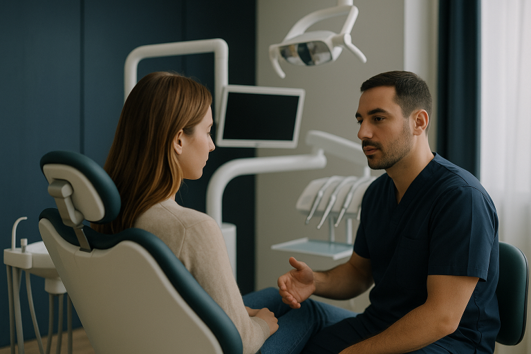 Turkish dental clinic with dentist and patient in a modern treatment room.