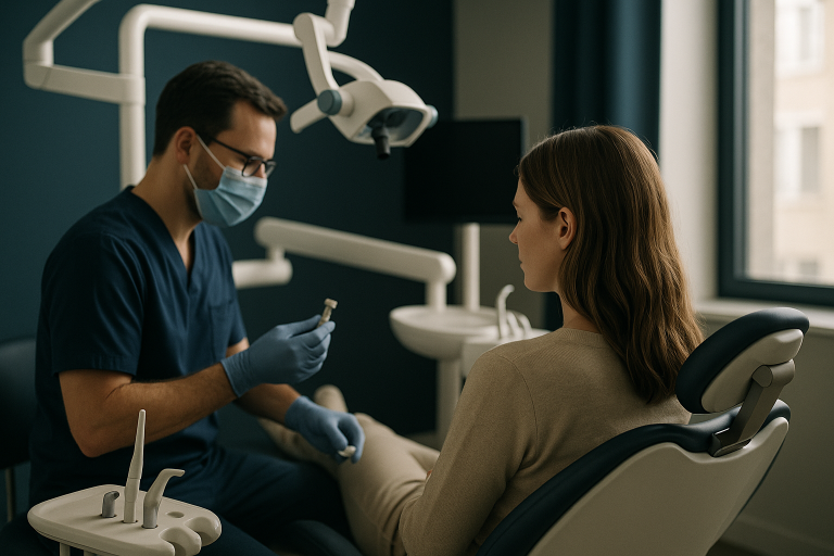 Dental clinic scene illustrating types of dental implants cost discussion.