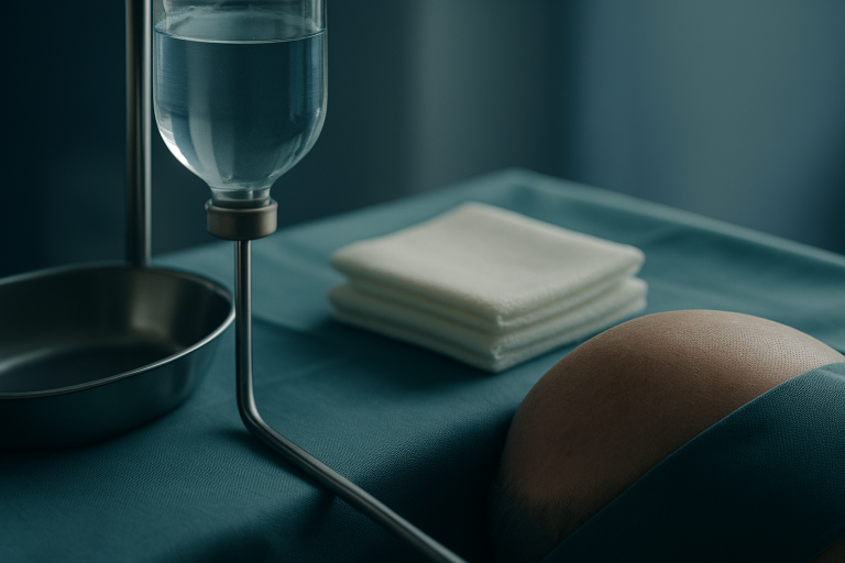 Surgeon performing an unshaven hair transplant procedure in a sterile operating room.