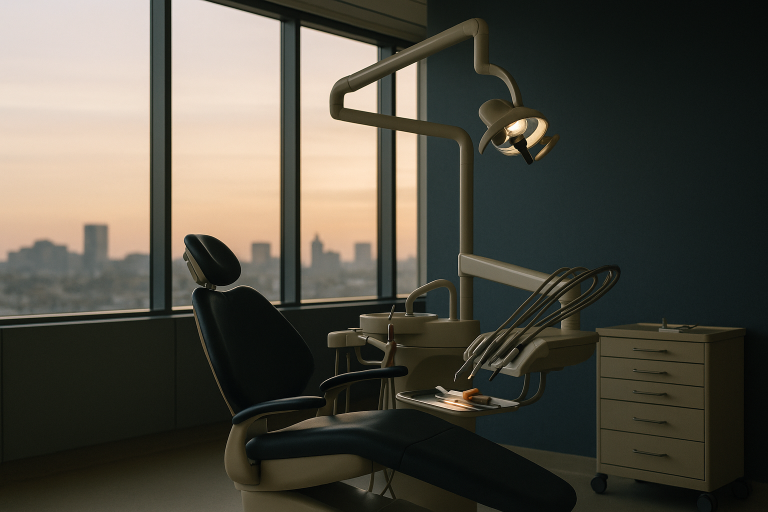 Dentist performing veneer treatment for teeth in a modern dental clinic.