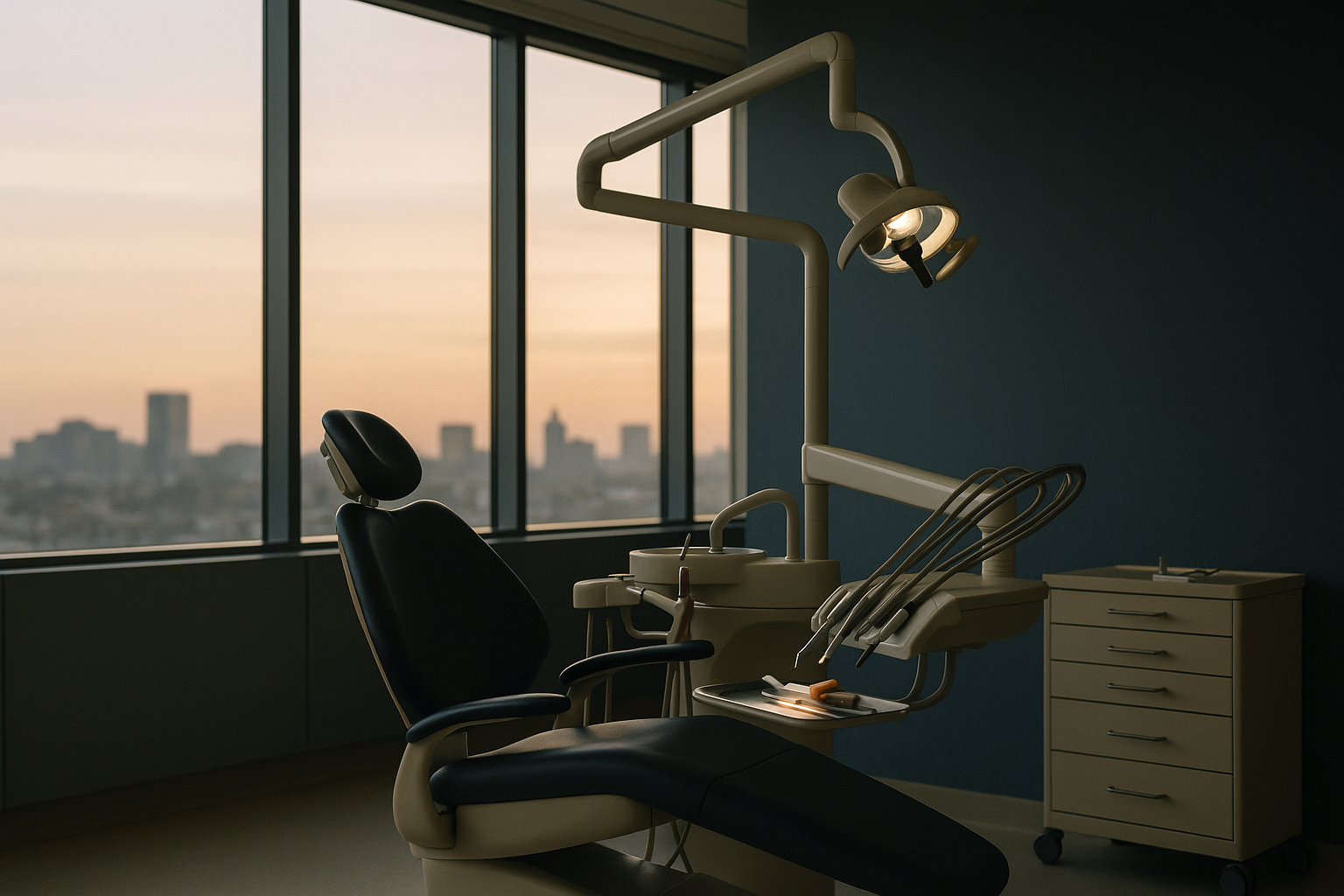 Dentist performing veneer treatment for teeth in a modern dental clinic.