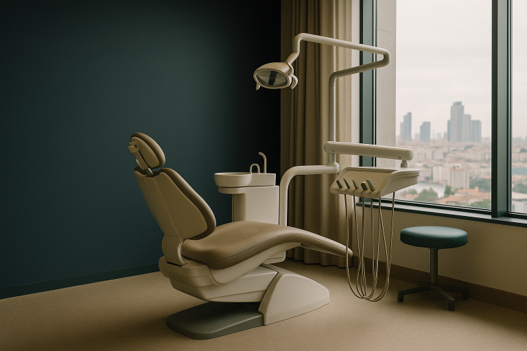 Dental clinic in Turkey with equipment for veneer procedures, showcasing the city's skyline.
