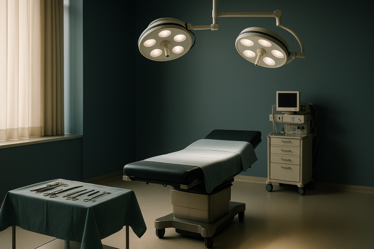 Operating theatre set up for weight loss surgery with surgical tools and equipment.