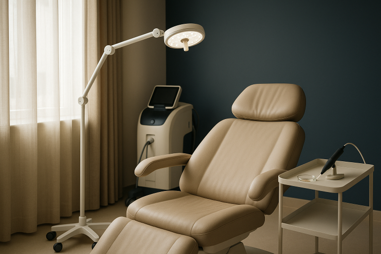 A specialist performing a DHI hair transplant in a modern clinic using advanced equipment.