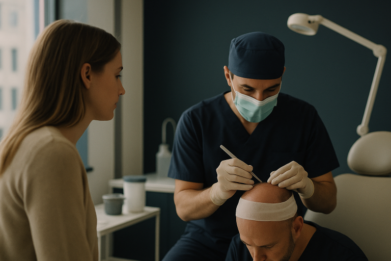 Surgeon performing hair plantation procedure in a modern clinic setting.